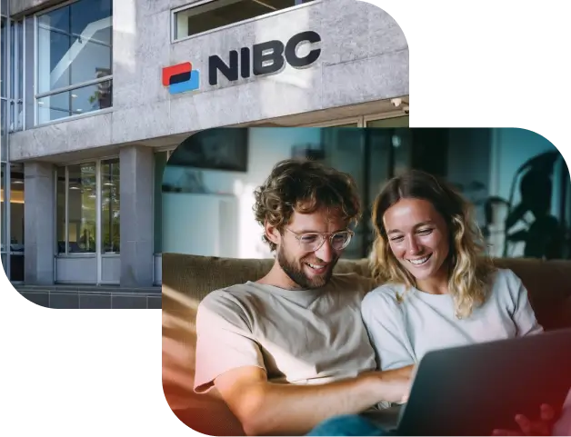 NIBC Gebäude, davor ein junges Paar am Laptop