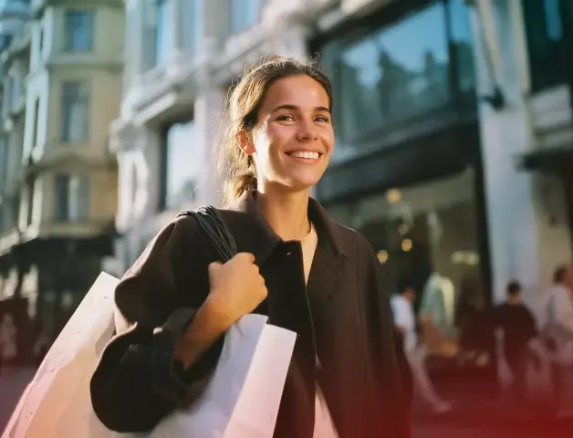 eine lächelnde junge Frau mit Einkaufstüten über der Schulter