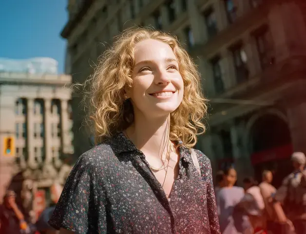 eine junge Frau in einer Stadt mit vielen Menschen schaut lächelnd nach oben