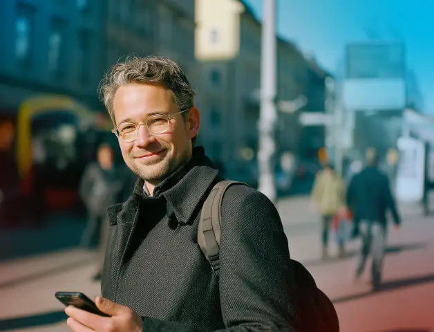 ein Mann in der Stadt mit Smartphone in der Hand schaut zufrieden in die Kamera