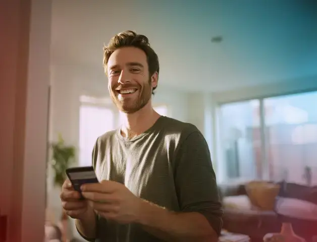 junger fröhlicher Mann mit Bankkarte in der Hand