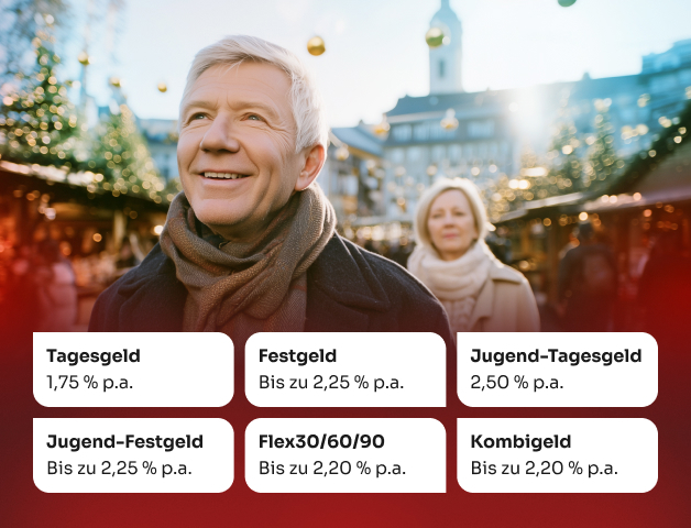 Ein älteres Ehepaar auf dem Weihnachtsmarkt, der Mann schaut verträumt nach oben