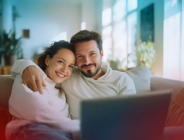 ein junges Paar aus Mann und Frau sitzt vorm Laptop und lächelt in die Kamera