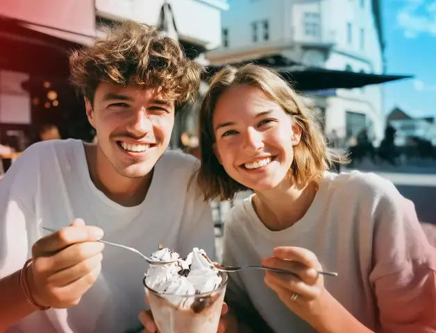 Glückliches Paar aus Mann und Frau, die sich einen Eisbecher mit Löffeln teilen