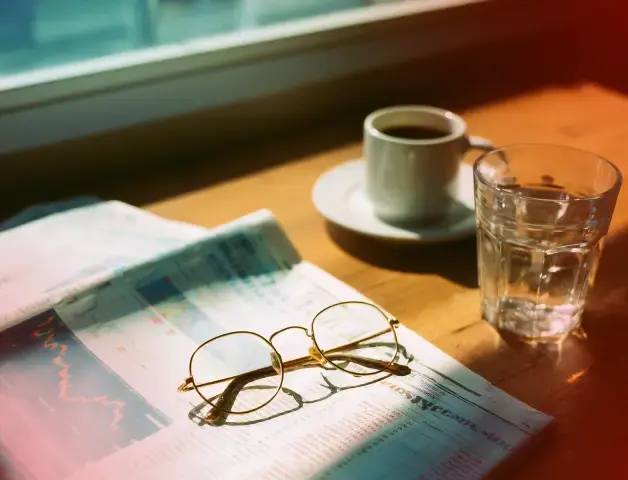 auf einem Tisch liegt eine Zeitung mit Lesebrille, eine Kaffeetasse und ein gefülltes Wasserglas