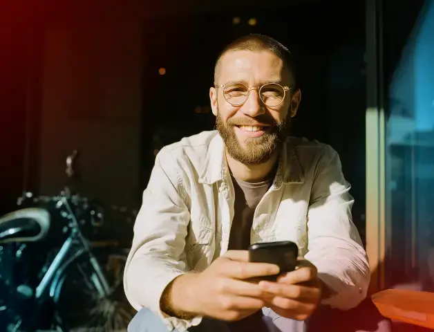 junger Mann mit Smartphone in der Hand sitzt vor einem Motorrad