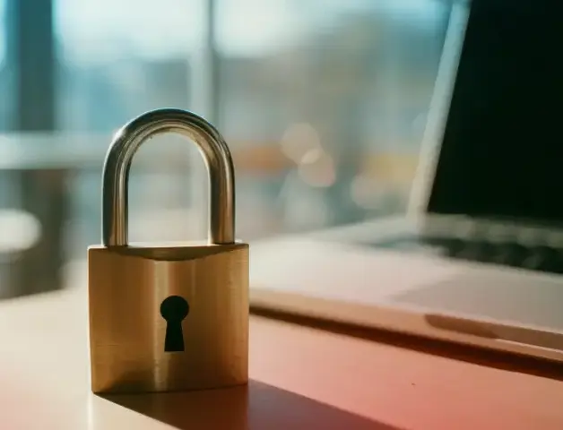 ein Sicherheitsschloss steht vor einem Laptop