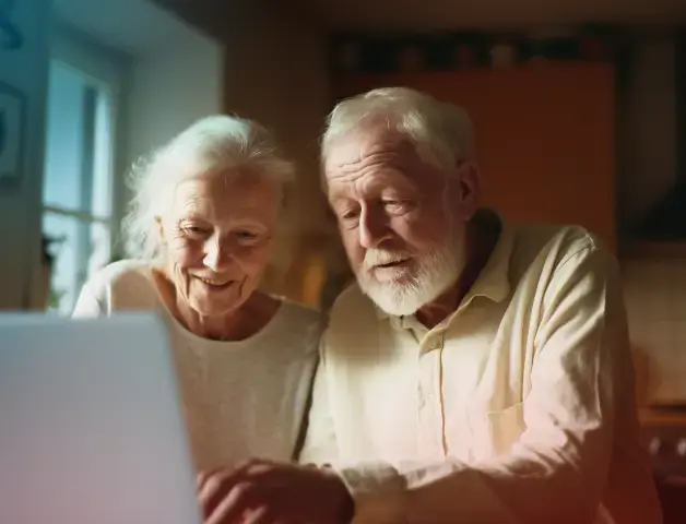 ein älteres Ehepaar schaut in einen Laptop