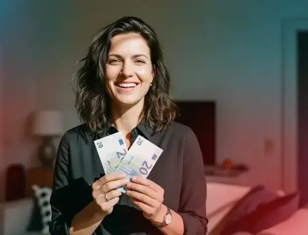 Glückliche Frau mit zwei 20 Euro Geldscheinen