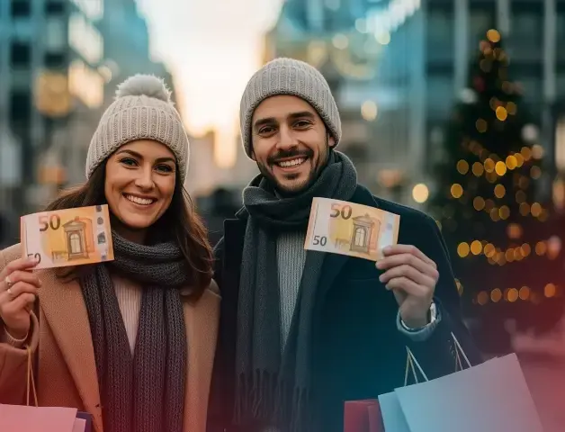 Ein glückliches Paar aus Mann und Frau, jeder hält einen 50 Euro Geldschein in der Hand und Einkaufstüten über dem Arm