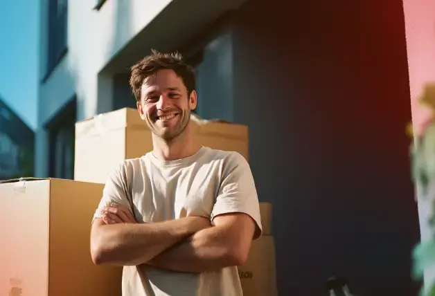 ein Mann im T-Shirt steht mit verschränkten Armen zufrieden vor einem Stapel Umzugskartons