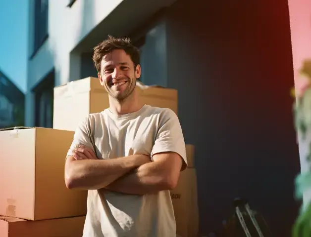 ein Mann im T-Shirt steht mit verschränkten Armen zufrieden vor einem Stapel Umzugskartons