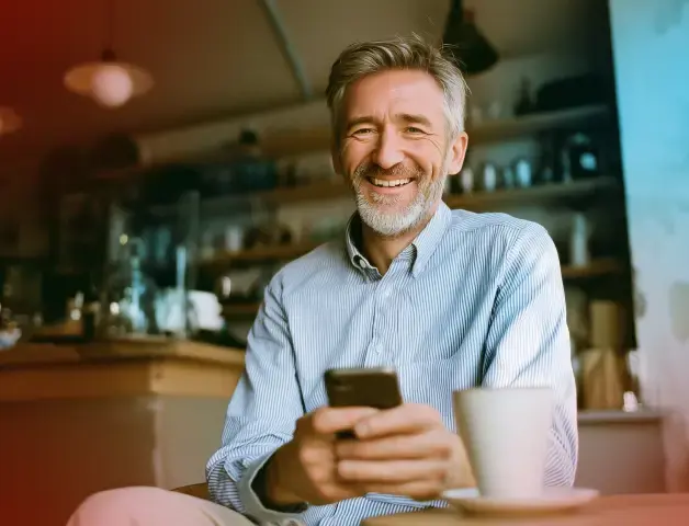 ein Mann mittleren Alters mit Smartphone in der Hand sitzt an einem Tisch mit Kaffeetasse