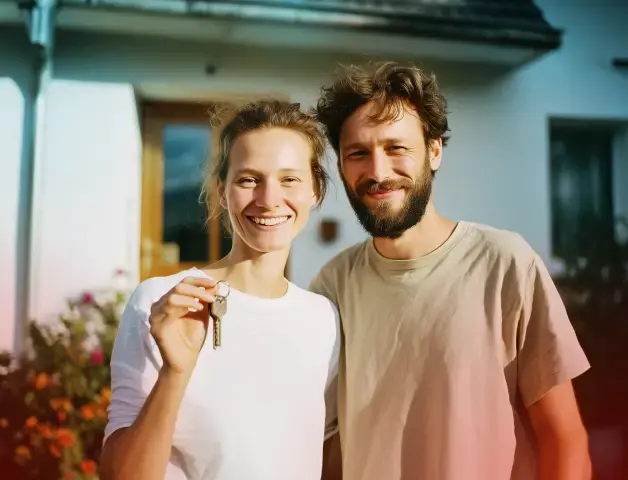 junges Paar aus Mann und Frau stehen vor einem Haus und halten lächelnd einen Schlüssel in die Kamera
