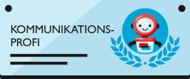 Schild mit Chatbot Roboter namens Lotte und Text "Kommunikationsprofi"