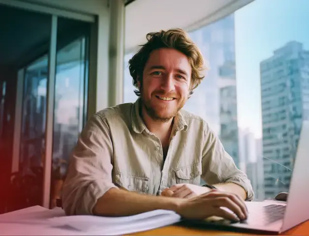 ein junger Mann sitzt vorm Laptop