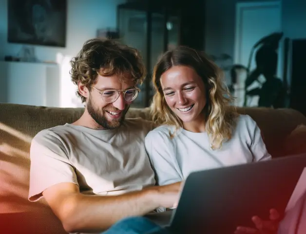 ein junges Paar aus Mann und Frau auf dem Sofa schaut lächelnd in einen Laptop