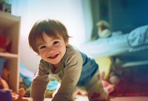 ein Kleinkind krabbelt durchs Kinderzimmer mit Spielzeug und lacht in die Kamera