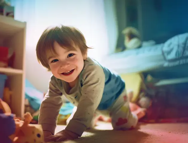 ein Kleinkind krabbelt durchs Kinderzimmer mit Spielzeug und lacht in die Kamera