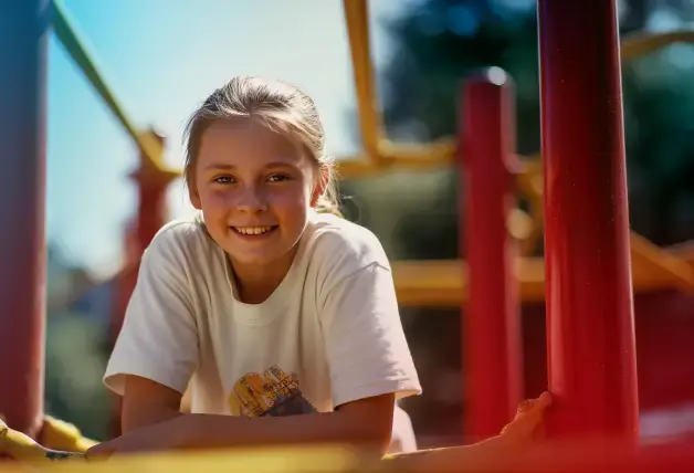 ein Mädchen im Grundschulalter steht auf einem Klettergerüst und schaut zufrieden in die Kamera
